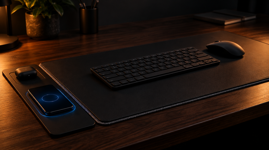 VoltDesk in black on a dark walnut desk at night with a phone charging on the panel