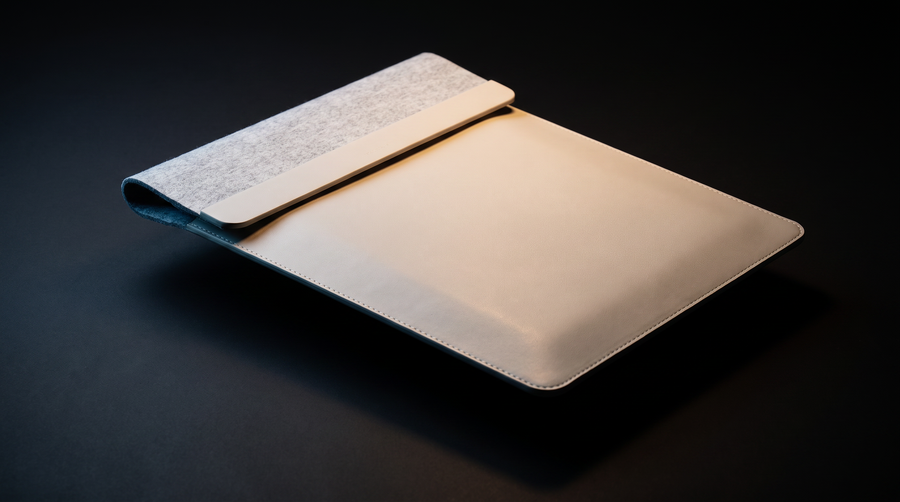 CarryDesk sleeve lit against a dark charcoal background