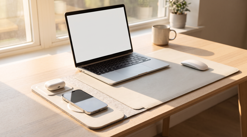 CarryDesk unfolded as a desk mat with a laptop, mouse and phone
