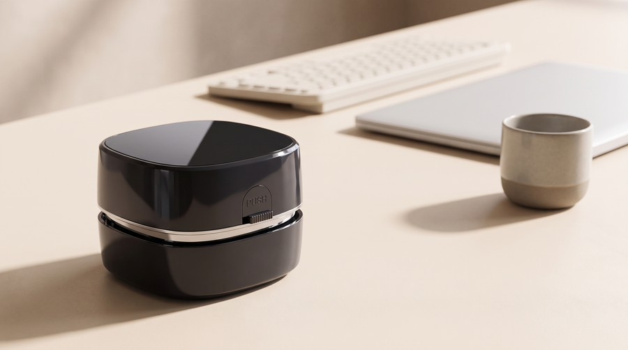 CleanPod sitting on a tidy desk beside a keyboard and laptop