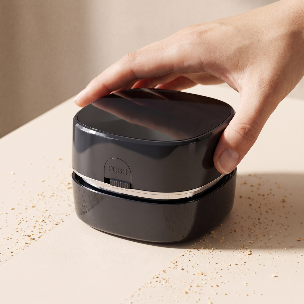A hand gliding the CleanPod across a desk, leaving a clean path