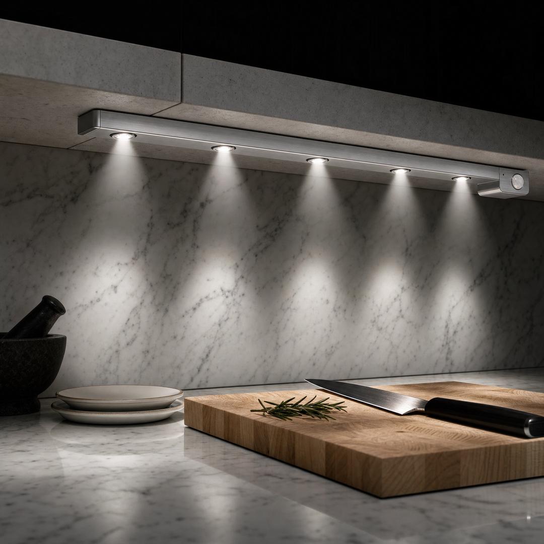 Silver Ambient Sensor Light casting warm scalloped pools of light down a marble backsplash at night
