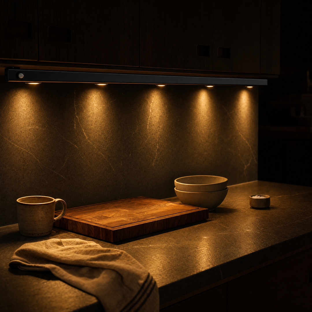 Close view of the Ambient Sensor Light lighting a kitchen countertop at night