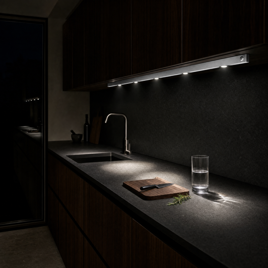 A dark modern kitchen at night lit only by the Ambient Sensor Light under the wall cabinets
