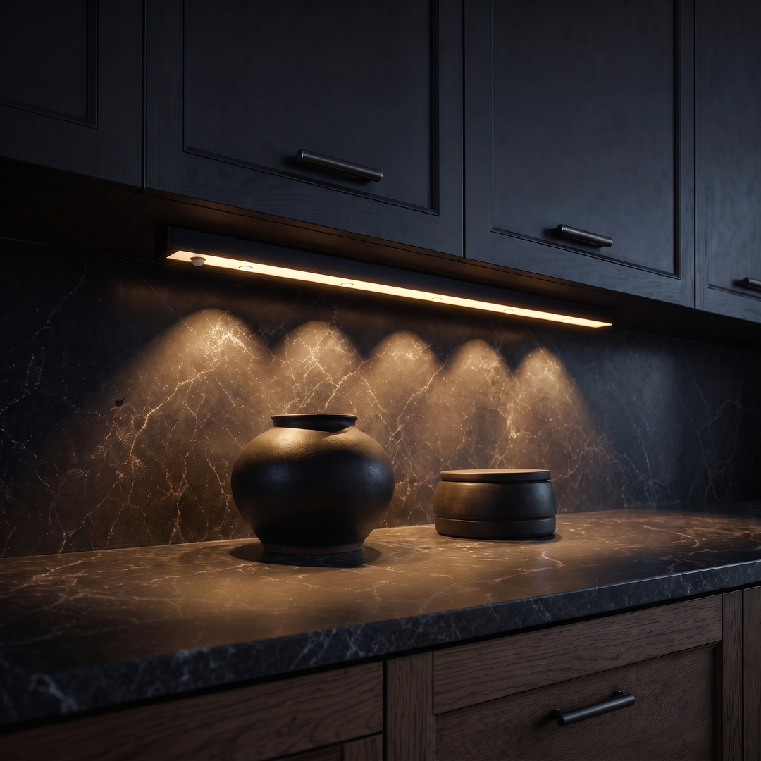 Warm light from the black Ambient Sensor Light washing across a dark marble kitchen counter