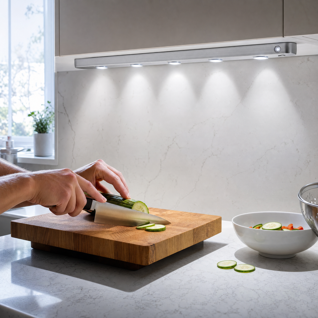 Hands slicing vegetables on a chopping board under the cool white light of the Ambient Sensor Light