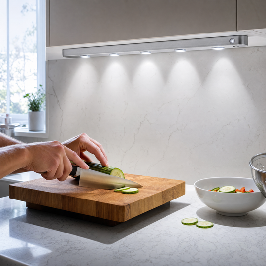 Hands slicing vegetables on a chopping board under the cool white light of the Ambient Sensor Light