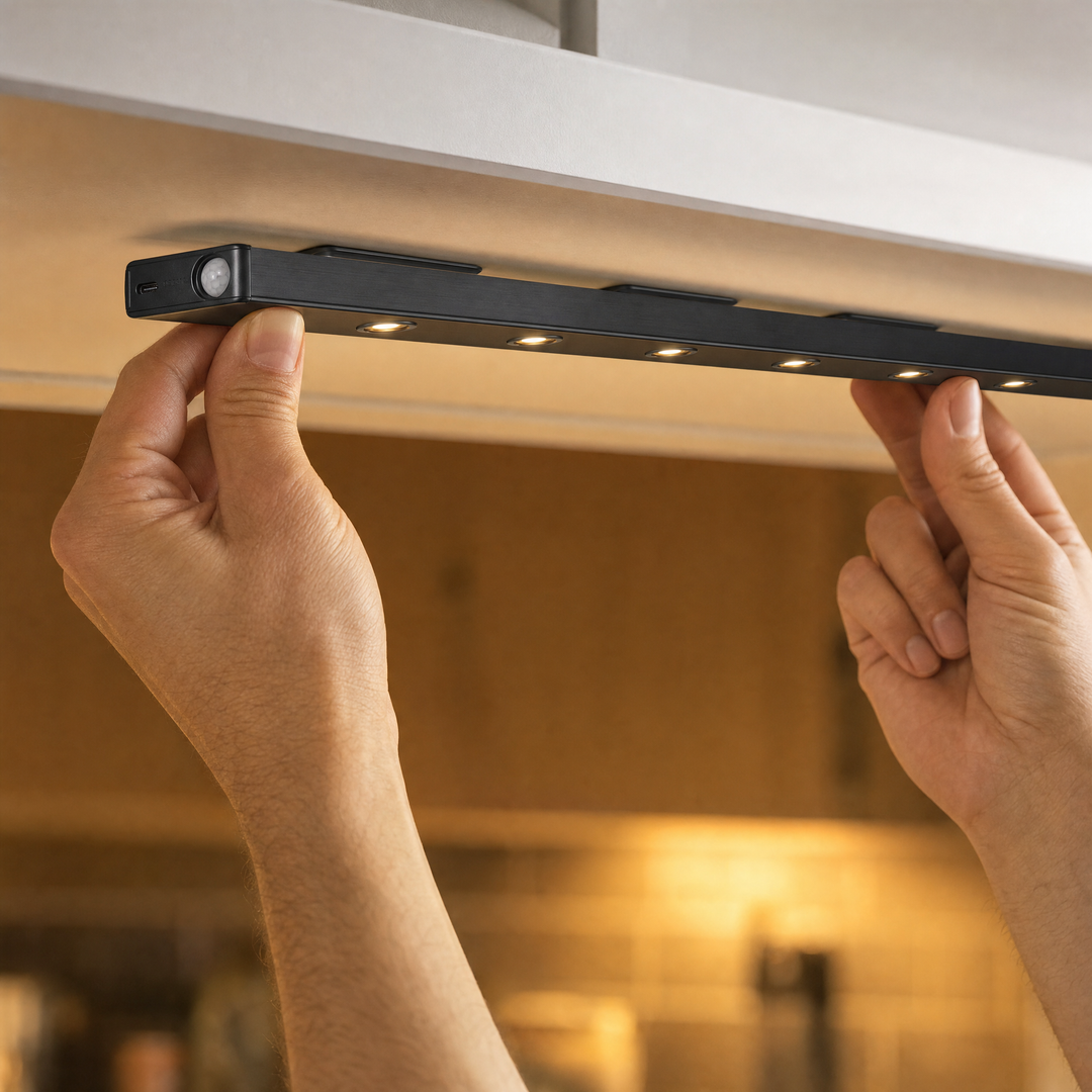 Hands snapping the Ambient Sensor Light onto its magnetic mounting plates under a kitchen cabinet