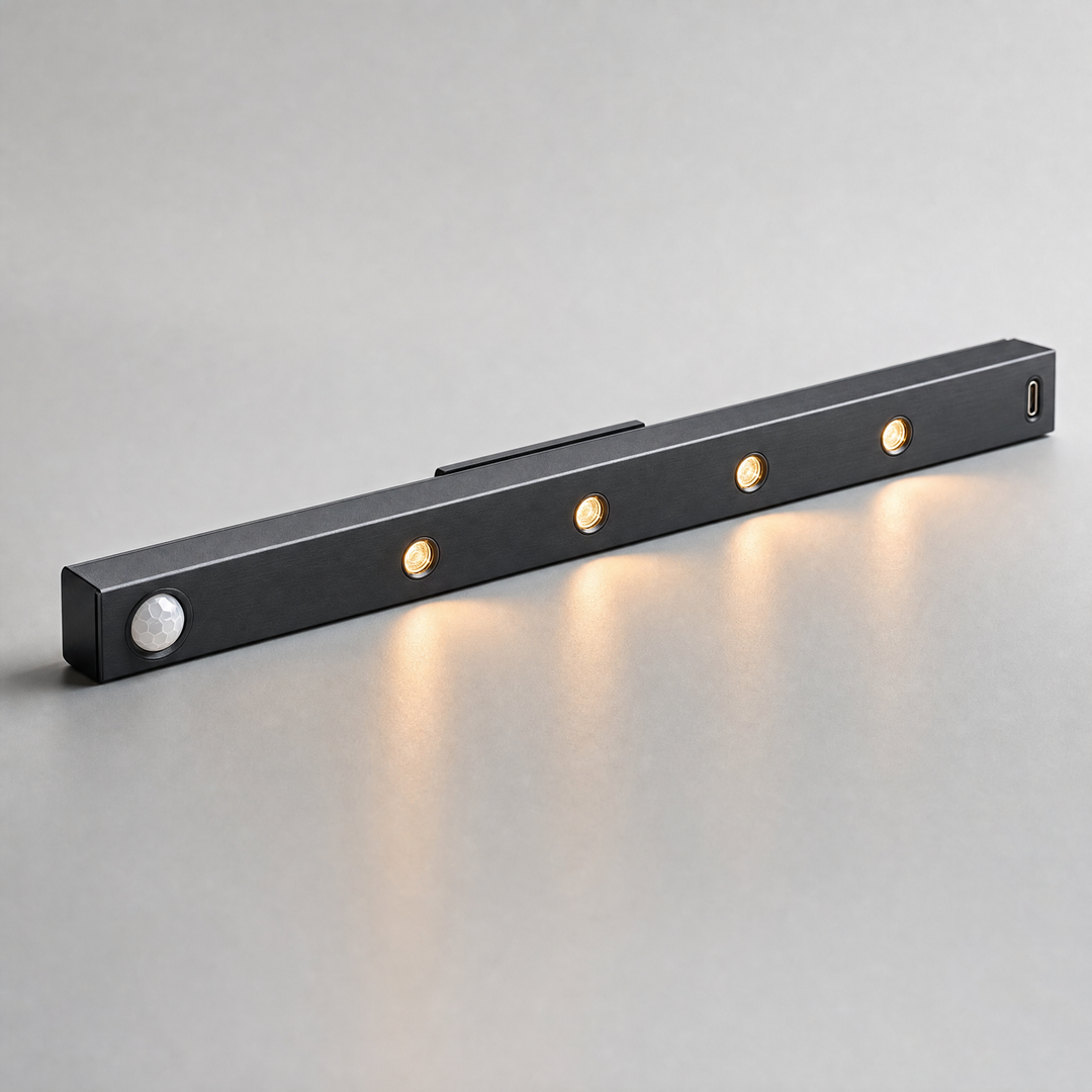 Black Ambient Sensor Light bar on a studio backdrop showing the motion sensor dome, five LED spots and the USB-C port