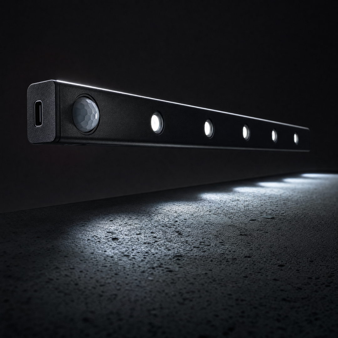 Silver Ambient Sensor Light on a studio backdrop showing the slim profile and magnetic mounting plates
