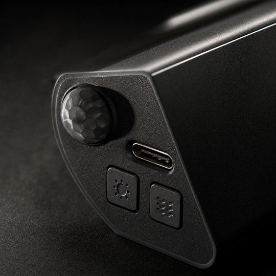 Macro detail of the Ambient Sensor Light end cap showing the motion sensor dome, USB-C port and control buttons