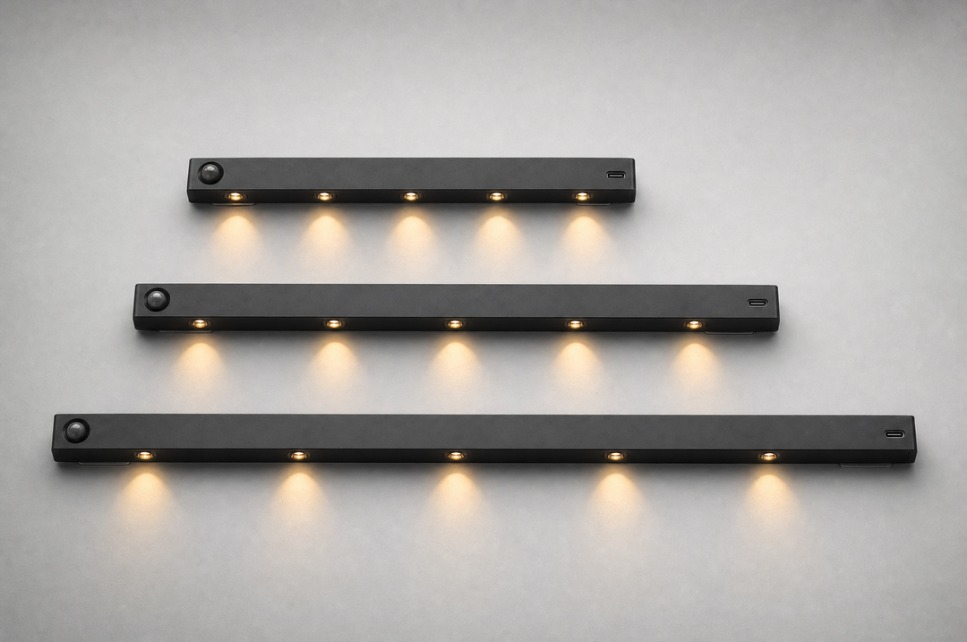 The three Ambient Sensor Light lengths side by side showing the 30cm, 40cm and 60cm size options