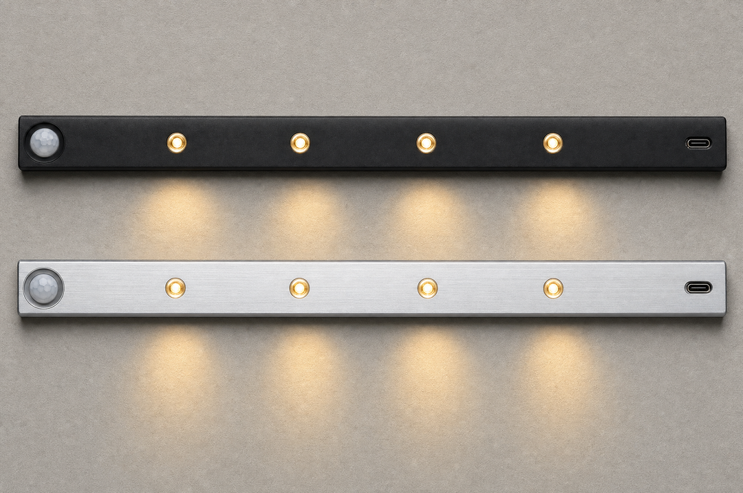The matte black and brushed silver Ambient Sensor Light side by side