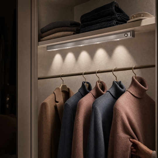 The Ambient Sensor Light mounted under a wardrobe shelf, lighting hanging knitwear below