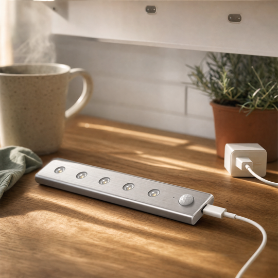 The Ambient Sensor Light lifted off its magnetic mounts and charging on a counter over USB-C