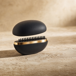 Lustra Mini Straightening Comb in Dark Night black, open to show the gold heated band and rounded comb teeth