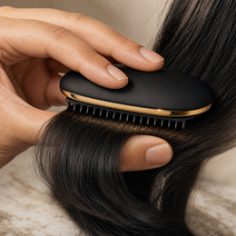 Lustra Mini Straightening Comb gliding through a section of long smooth dark hair