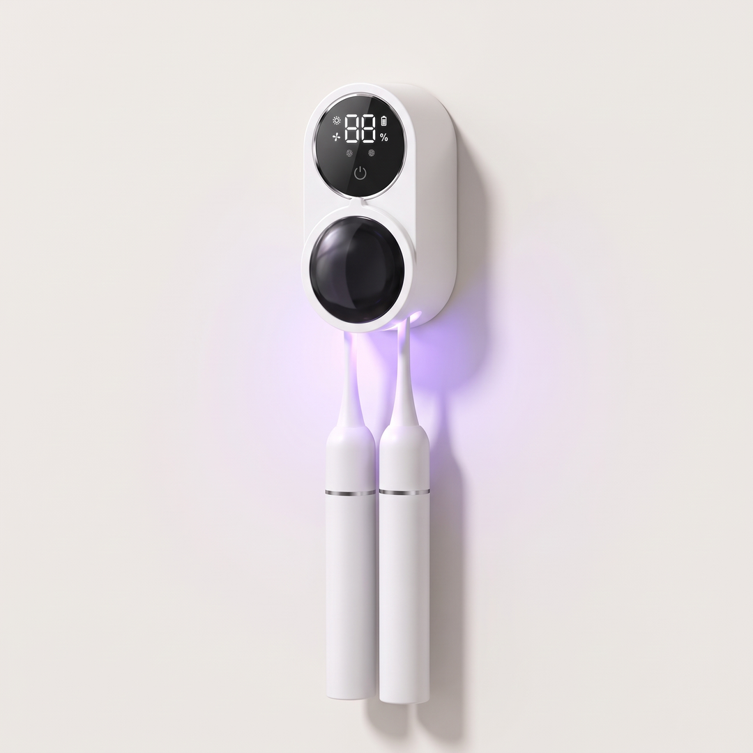 PureBeam UV toothbrush sanitiser mounted on a wall, two toothbrushes hanging in the violet UV chamber