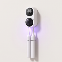PureBeam UV toothbrush sanitiser mounted on a wall, two toothbrushes hanging in the violet UV chamber