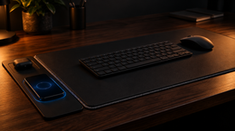 VoltDesk in black on a dark walnut desk at night with a phone charging on the panel