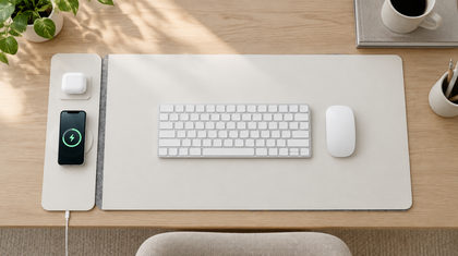 VoltDesk on an oak desk with keyboard and mouse, phone and earbuds charging on the panel alongside